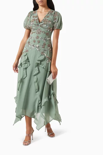 Sequin-embellished Ruffled Midi Dress in Chiffon