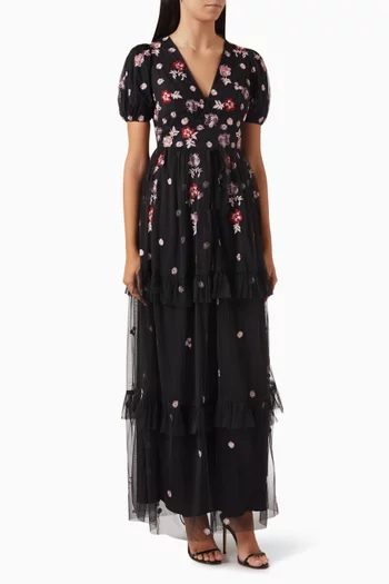 Floral-embroidered V-neck Maxi Dress in Tulle