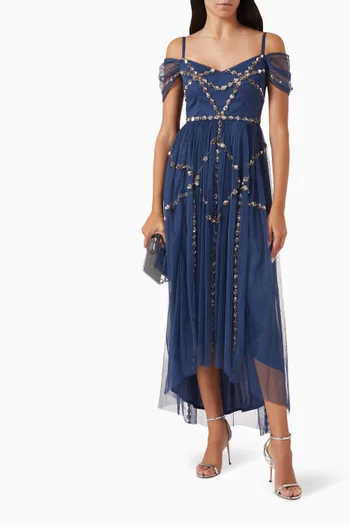 Embellished Cold-shoulder Midi Dress in Tulle