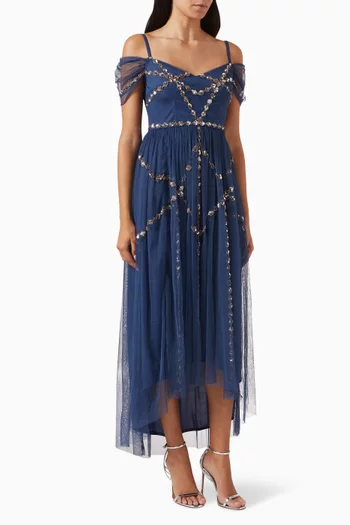 Embellished Cold-shoulder Midi Dress in Tulle