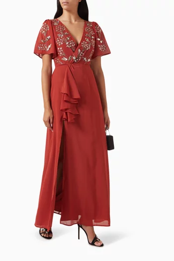 Embellished V-neck Maxi Dress in Chiffon