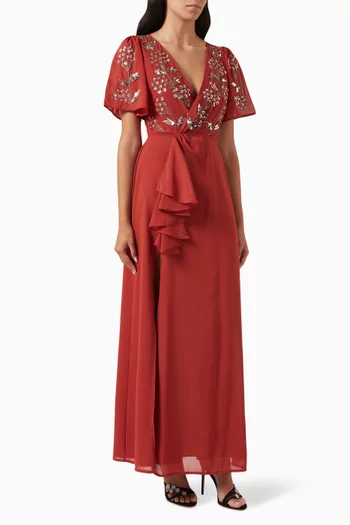 Embellished V-neck Maxi Dress in Chiffon