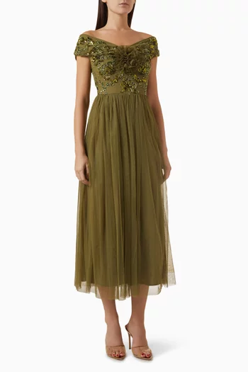 Floral Embellished Bardot Midi Dress in Tulle