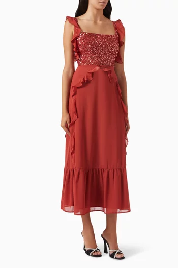 Embellished Ruffle Midi Dress in Chiffon