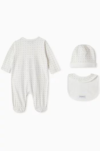All-over Logo Sleepsuit, Bib & Hat Set in Cotton