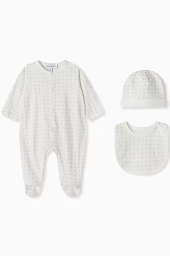All-over Logo Sleepsuit, Bib & Hat Set in Cotton