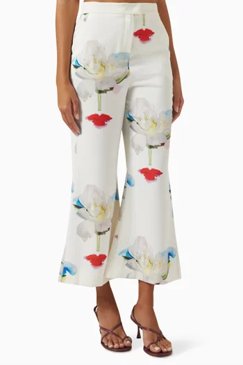 Floral-print Flared Pants in Satin