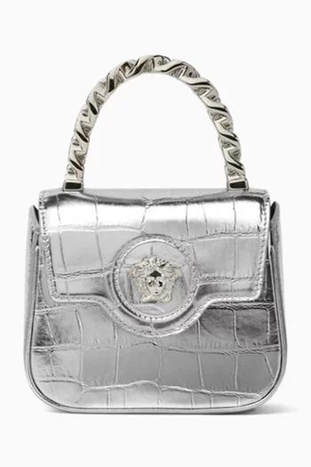 Mini La Medusa Top-handle Bag in Croc-embossed Metallic Leather