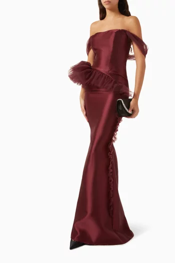 Off-shoulder Gown in Mikado & Taffeta
