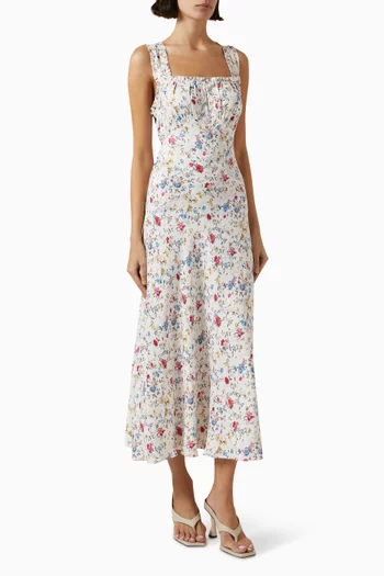 Ascella Floral-print Midi Dress in Satin Crepe