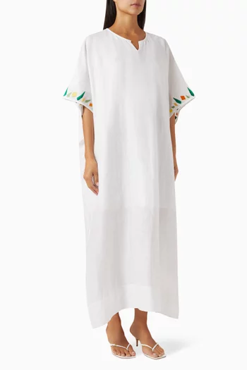Pineapple-embroidered Maxi Dress in Linen