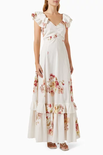 Floral-print Flounce Dress in Cotton-blend