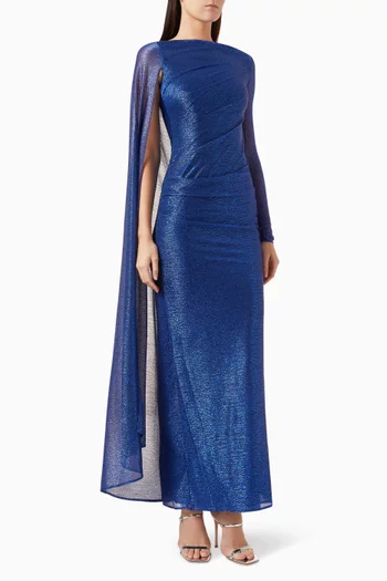 Draped One-shoulder Cape Maxi Dress in Metallic Voile