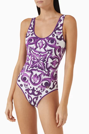 Majolica-print Racing One-piece Swimsuit in Stretch Nylon