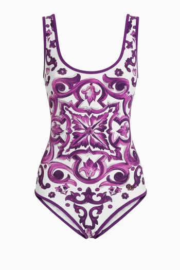 Majolica-print Racing One-piece Swimsuit in Stretch Nylon