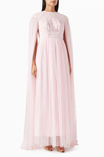 Embellished Cape-sleeve Maxi Dress Chiffon & Tulle