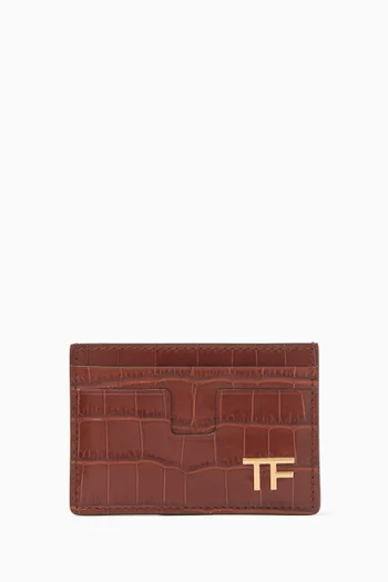 TF Monogram Card Holder in Croc-embossed Leather