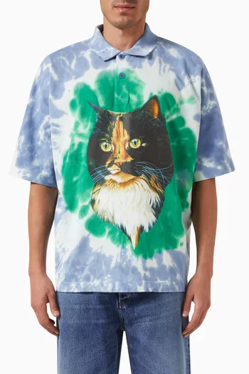 Cat Print Tie-dye Polo Shirt in Cotton