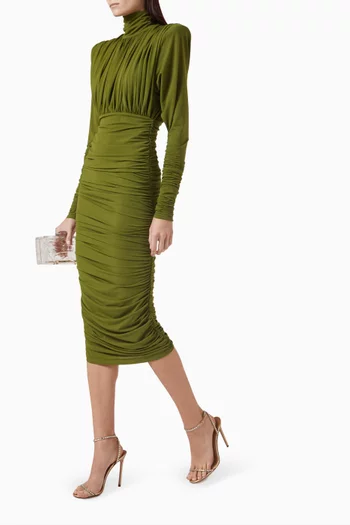 Ruched Turtleneck Midi Dress in Crepe Jersey