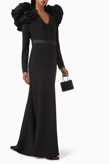 Ruffled Shoulder Gown in Stretch Crepe
