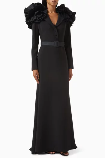 Ruffled Shoulder Gown in Stretch Crepe
