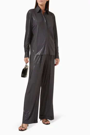 Pleated Straight-leg Pants in Stretch Lamé