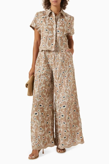 Pinon Embroidered Wide-leg Pants in Linen