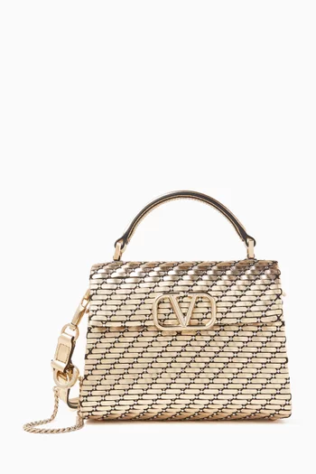 Mini VSling Top-handle Bag in Woven Leather & Rhinestone