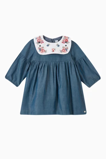 Floral Embroidered Dress in Cotton Denim