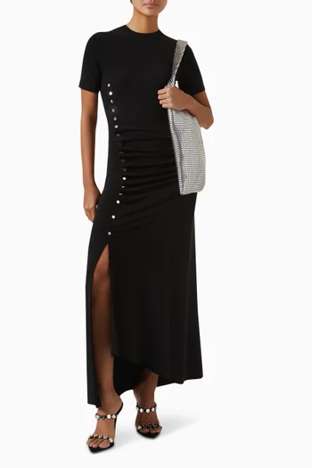 فستان متوسط الطول بطيّات جيرسيه مطاطي