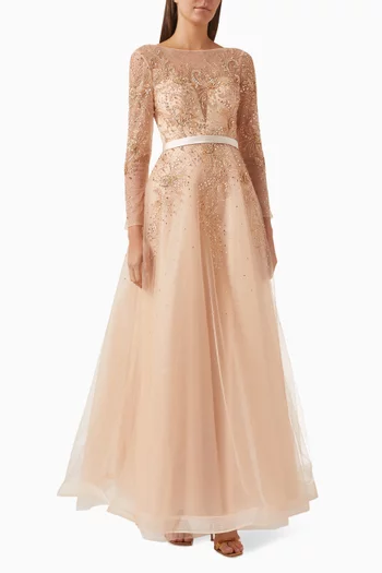 Buy Basix Gold Embellished Gown in Tulle For Women Online Ounass Bahrain