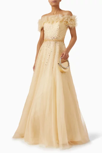 Embellished Off-shoulder Gown in Tulle