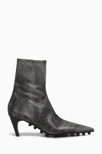 Spike Ankle Boots in Croc-embossed Leather