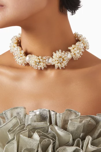Fleurette Crystal & Beaded Necklace in 18kt Gold-plated Brass