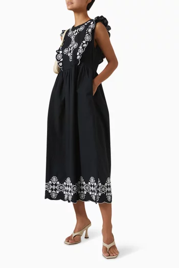 فستان ياسلوشيا متوسط الطول بتصميم مطرز قطن عضوي