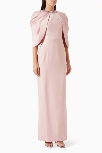 Embellished Cape Gown in Velvet Crepe