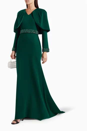Embellished Cape Gown in Velvet Crepe