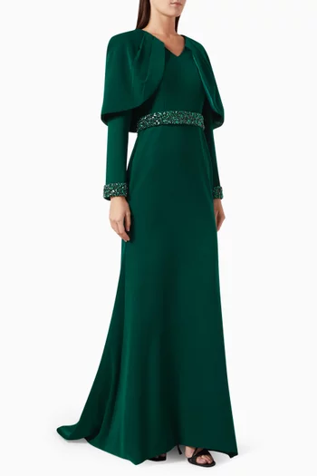 Embellished Cape Gown in Velvet Crepe