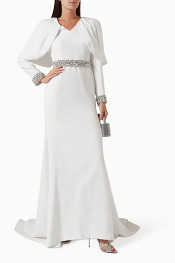 Embellished Cape Gown in Velvet Crepe