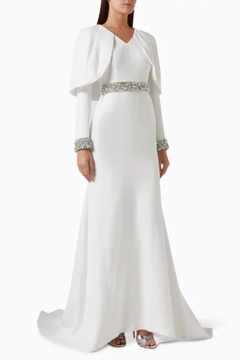 Embellished Cape Gown in Velvet Crepe