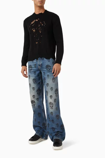 Distressed Skull Sweater in Cotton-knit