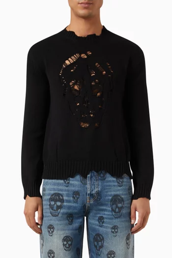 Distressed Skull Sweater in Cotton-knit