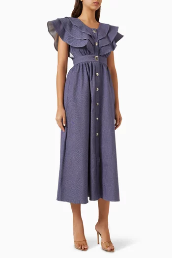 فستان كشكش متوسط الطول قطن