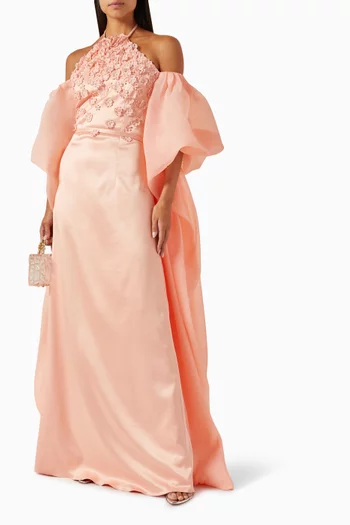 Aylyn Floral-appliqué Cold-shoulder Gown