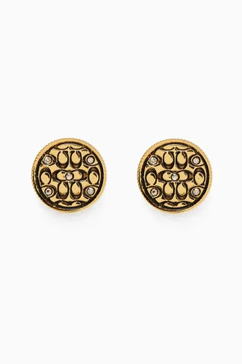 Quilted C Coin Stud Earrings in Gold-tone Brass
