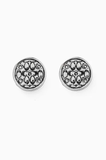 Quilted C Coin Stud Earrings in Silver-tone Brass