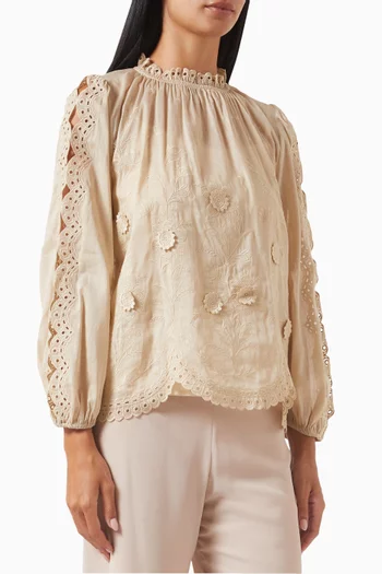 Lace-trim Blouse in Cotton-linen
