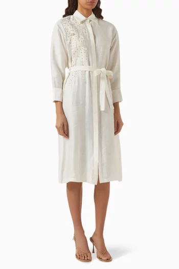 فستان متوسط الطول بحزام ودانتيل بنقشة زهور