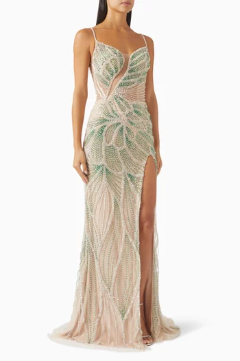 Bead-embellished Gown in Mesh