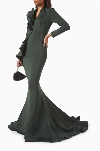 Ruffle-trim Gown in Scuba Fabric